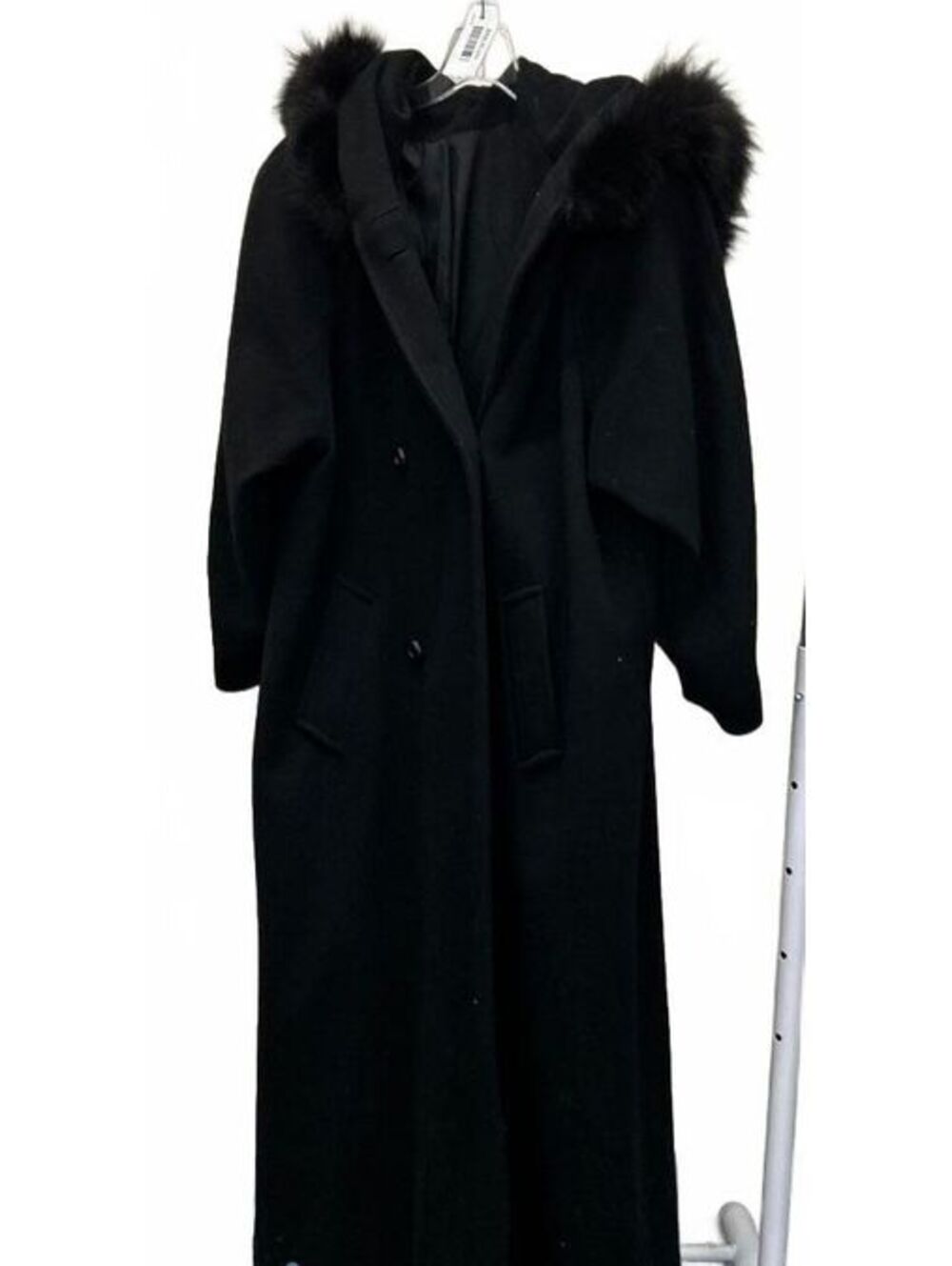 Oleg Cassini Size 6 Black Long Hooded Coat With Fur Trim